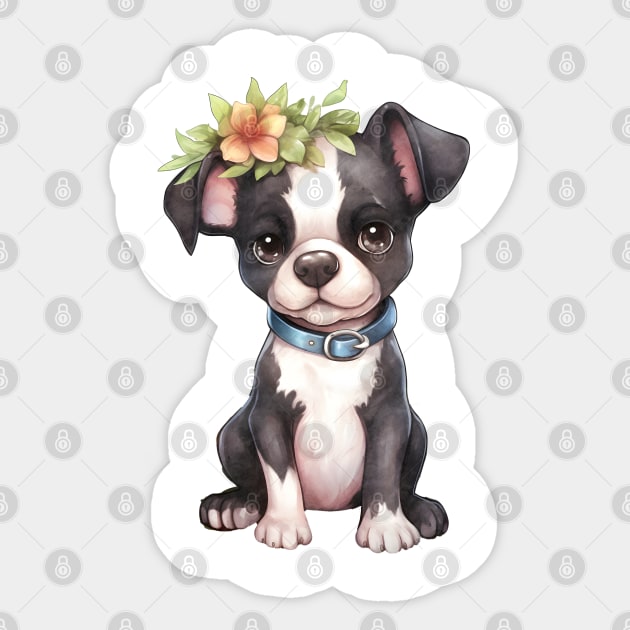 Watercolor Boston Terrier Dog with Head Wreath Sticker by Chromatic Fusion Studio